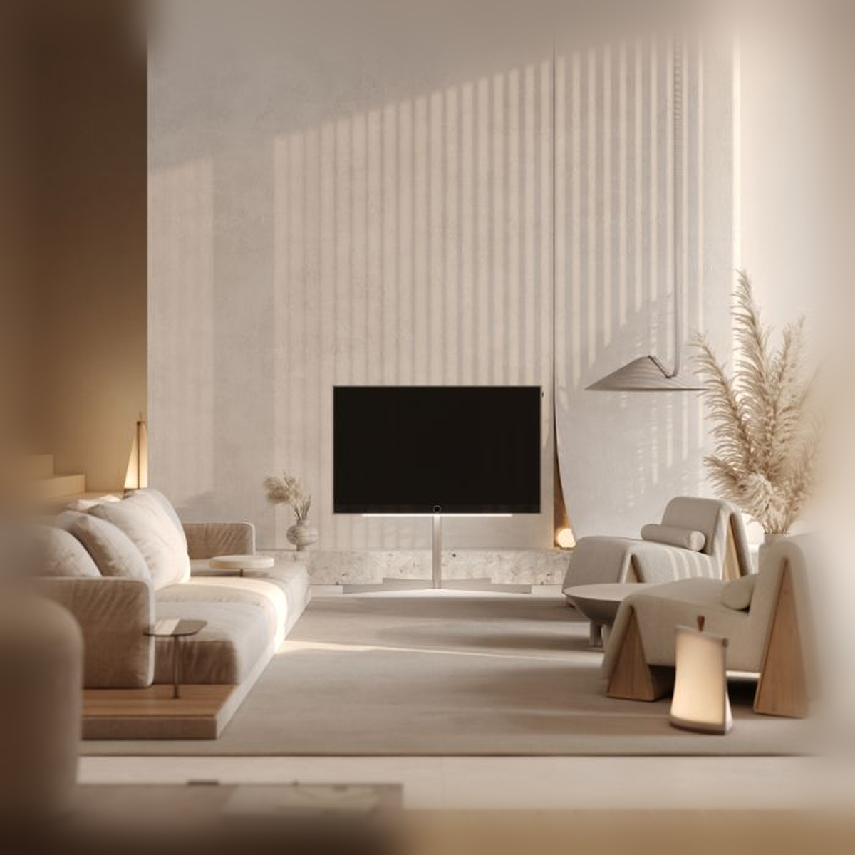 Loewe Stellar 55 DR+ OLED-Fernseher alu concrete Tizen Lifestyle Wohnzimmer Tageslicht