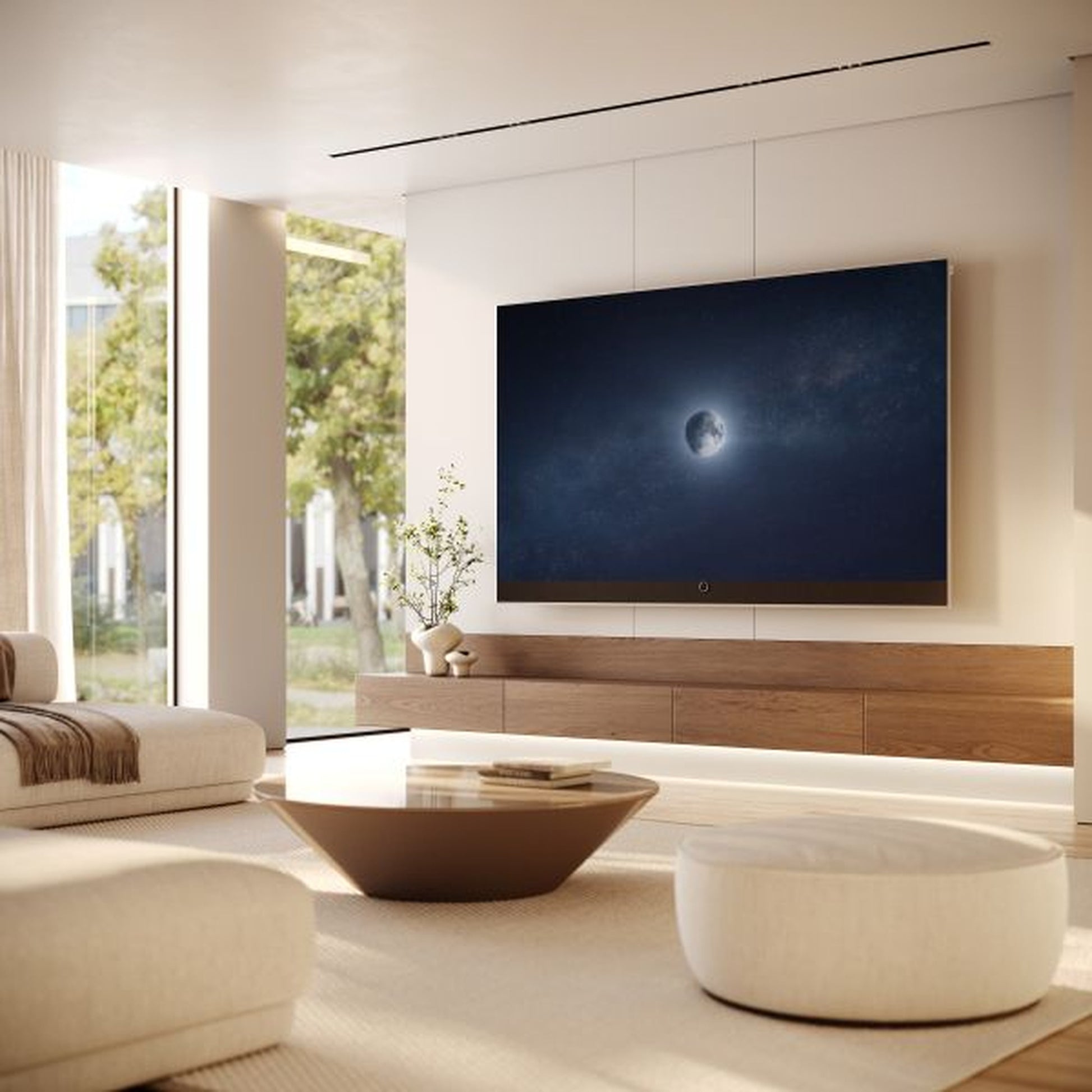Loewe Stellar 97 DR+ OLED-Fernseher alu black Vidaa im hellen Wohnzimmer