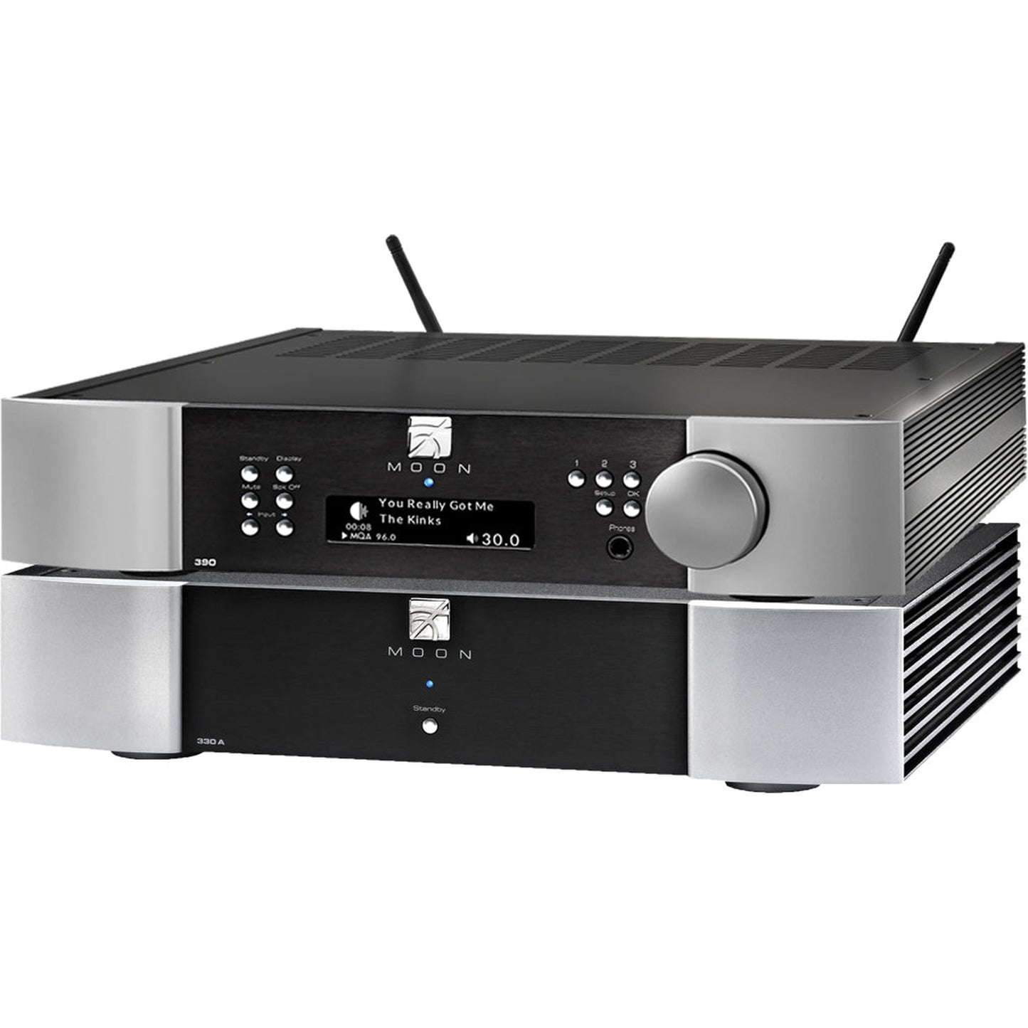 MOON 390 + 330A HiFi-Set Frontansicht – Netzwerkplayer und Stereo-Endstufe, Vorführmodell