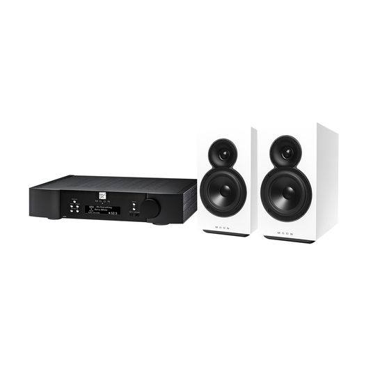 MOON Ace + Voice 22 Komplett-System Frontansicht – Streaming-Verstärker schwarz und Regallautsprecherpaar weiss