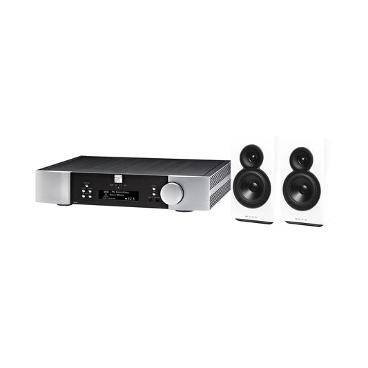 MOON Ace + Voice 22 Komplett-System Frontansicht silber-schwarz – Streaming-Verstärker und Regallautsprecherpaar weiss