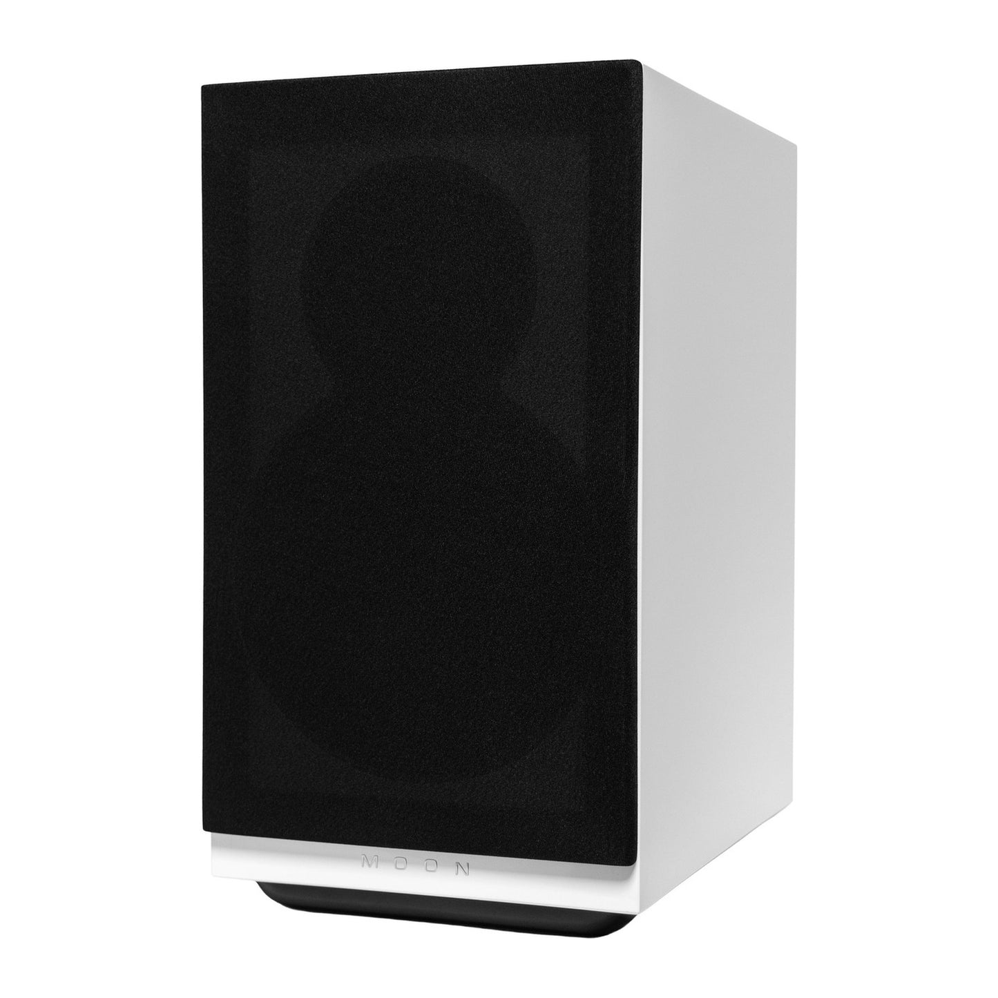 MOON Voice 22 Regallautsprecher Seitenansicht mit Frontabdeckung weiss hochglanz – im Set silber-schwarz/weiss