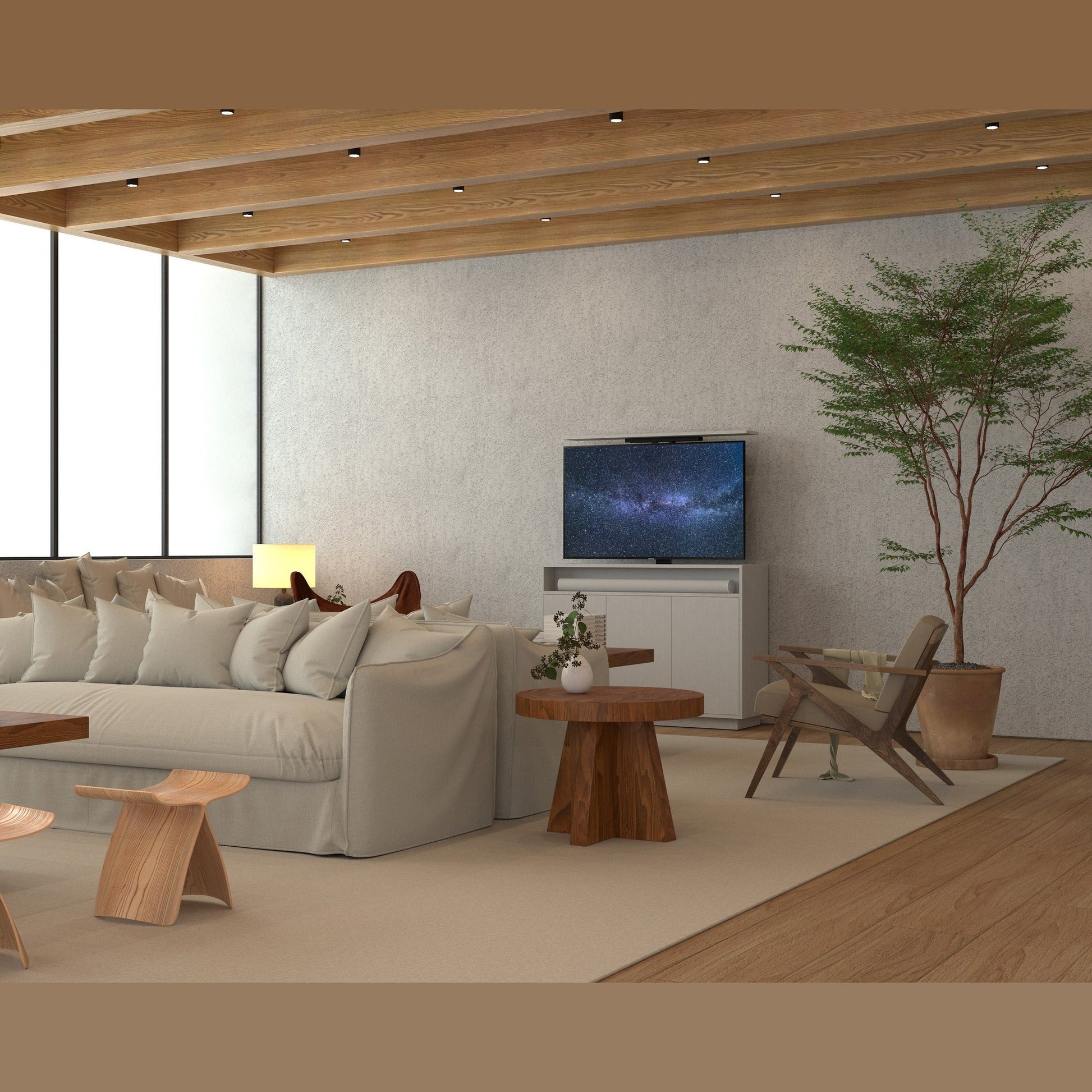 Multibrackets 4684 AV-Cabinet TV-Lift 55 Zoll Weiss Lifestyle, Wohnbereich mit Fensterfront