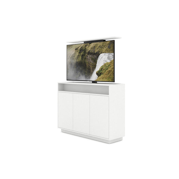 Multibrackets 4691 AV-Cabinet TV-Lift 65 Zoll Weiss Frontansicht, Fernseher ausgefahren, leicht schräg