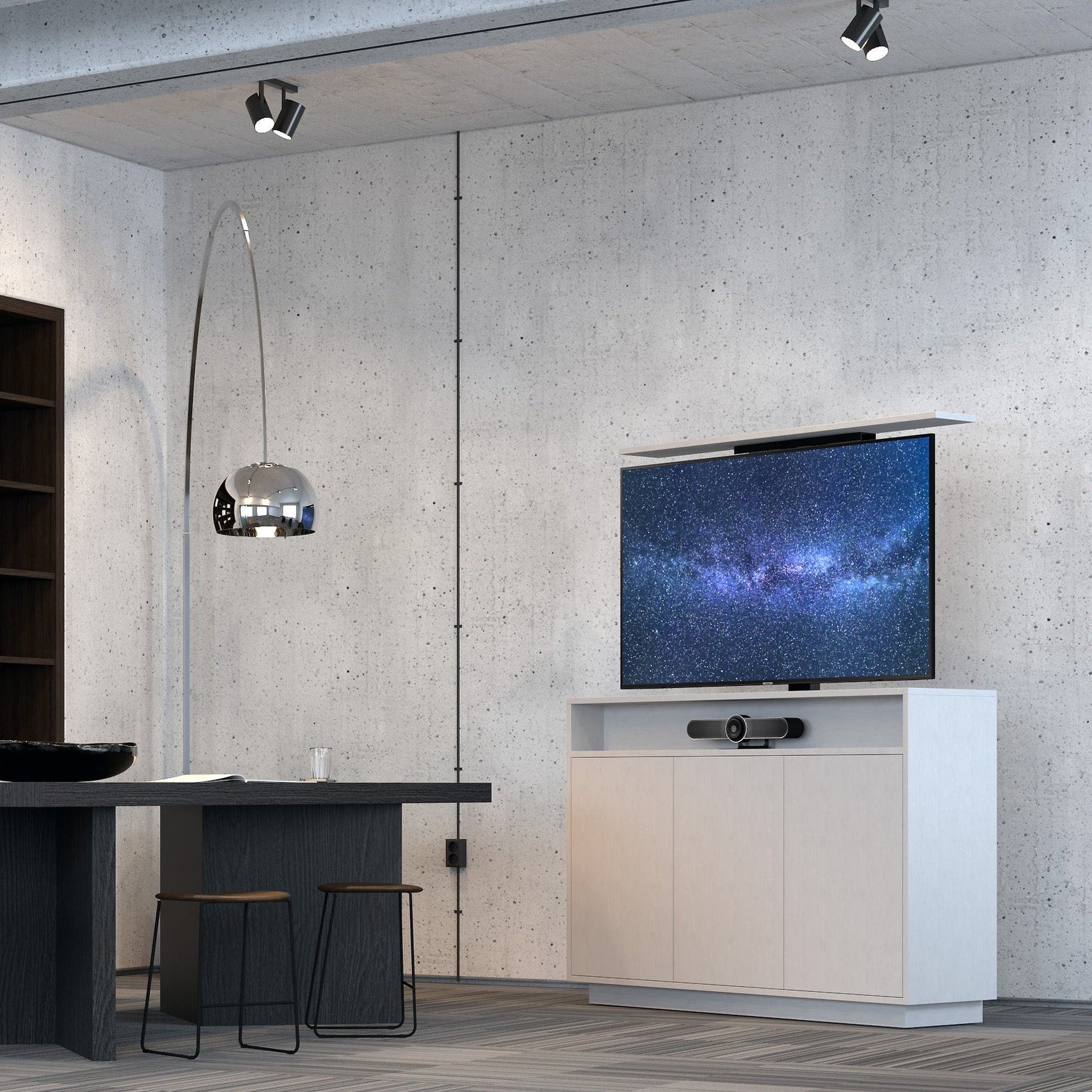 Multibrackets 4691 AV-Cabinet TV-Lift 65 Zoll Weiss Lifestyle, Loft mit Betonwand, Videobar im Fach