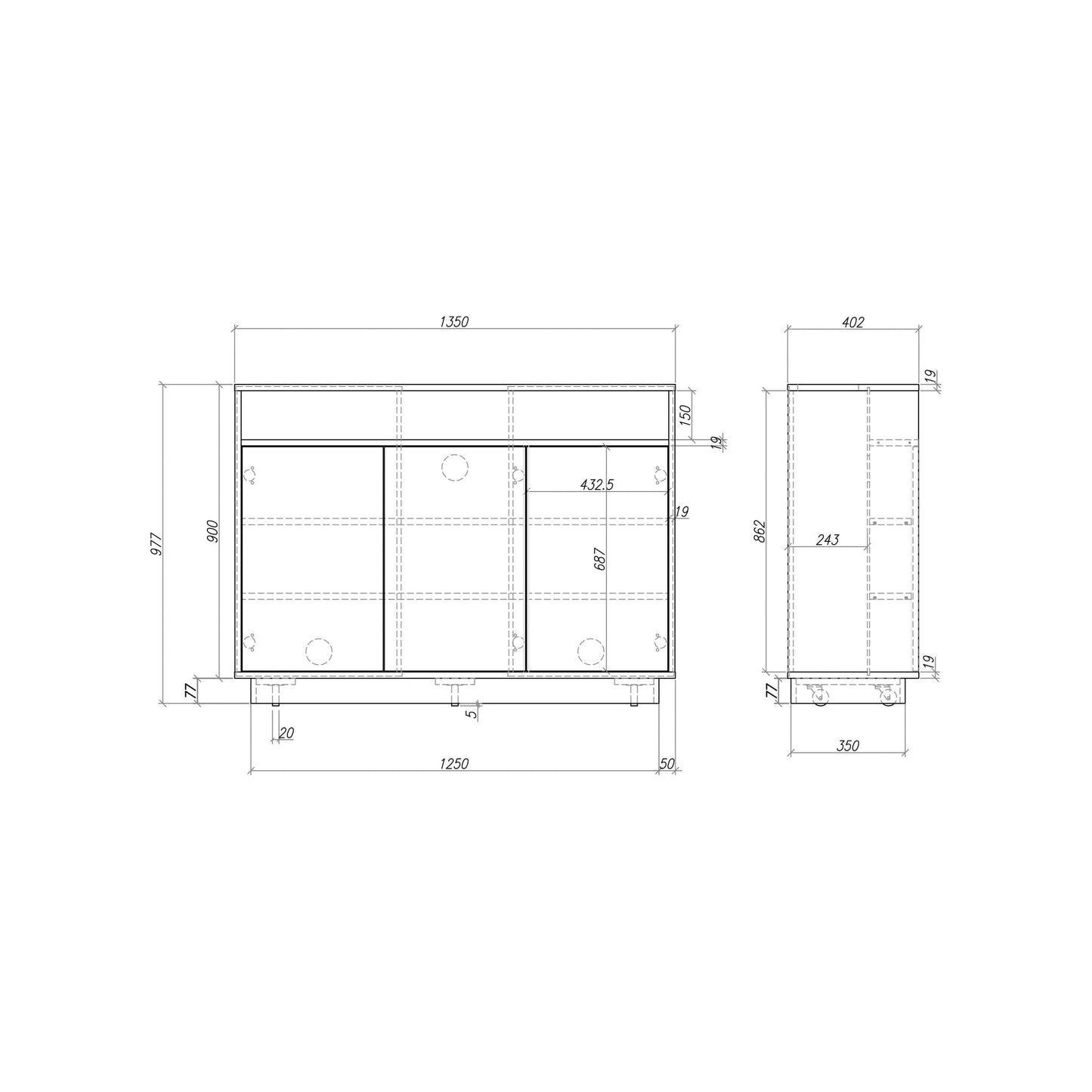 Multibrackets AV-Cabinet TV-Lift 65 Zoll Weiss, Masszeichnung mit Abmessungen