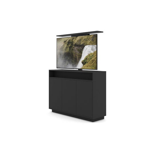Multibrackets 4707 AV-Cabinet TV-Lift 55 Zoll Schwarz Frontansicht, Fernseher ausgefahren, leicht schräg