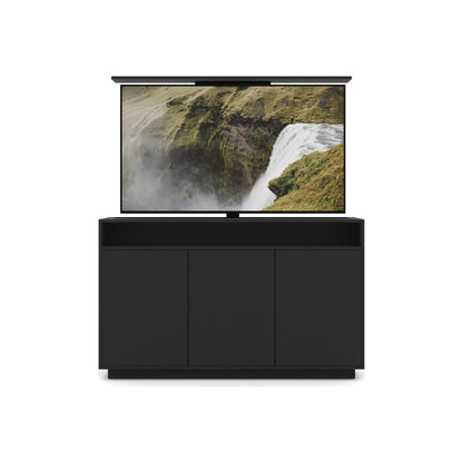 Multibrackets 4714 AV-Cabinet TV-Lift 65 Zoll Schwarz Frontansicht, Fernseher ausgefahren, streng frontal