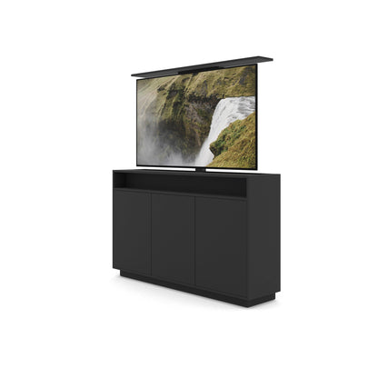Multibrackets 4714 AV-Cabinet TV-Lift 65 Zoll Schwarz Frontansicht, Fernseher ausgefahren, leicht schräg
