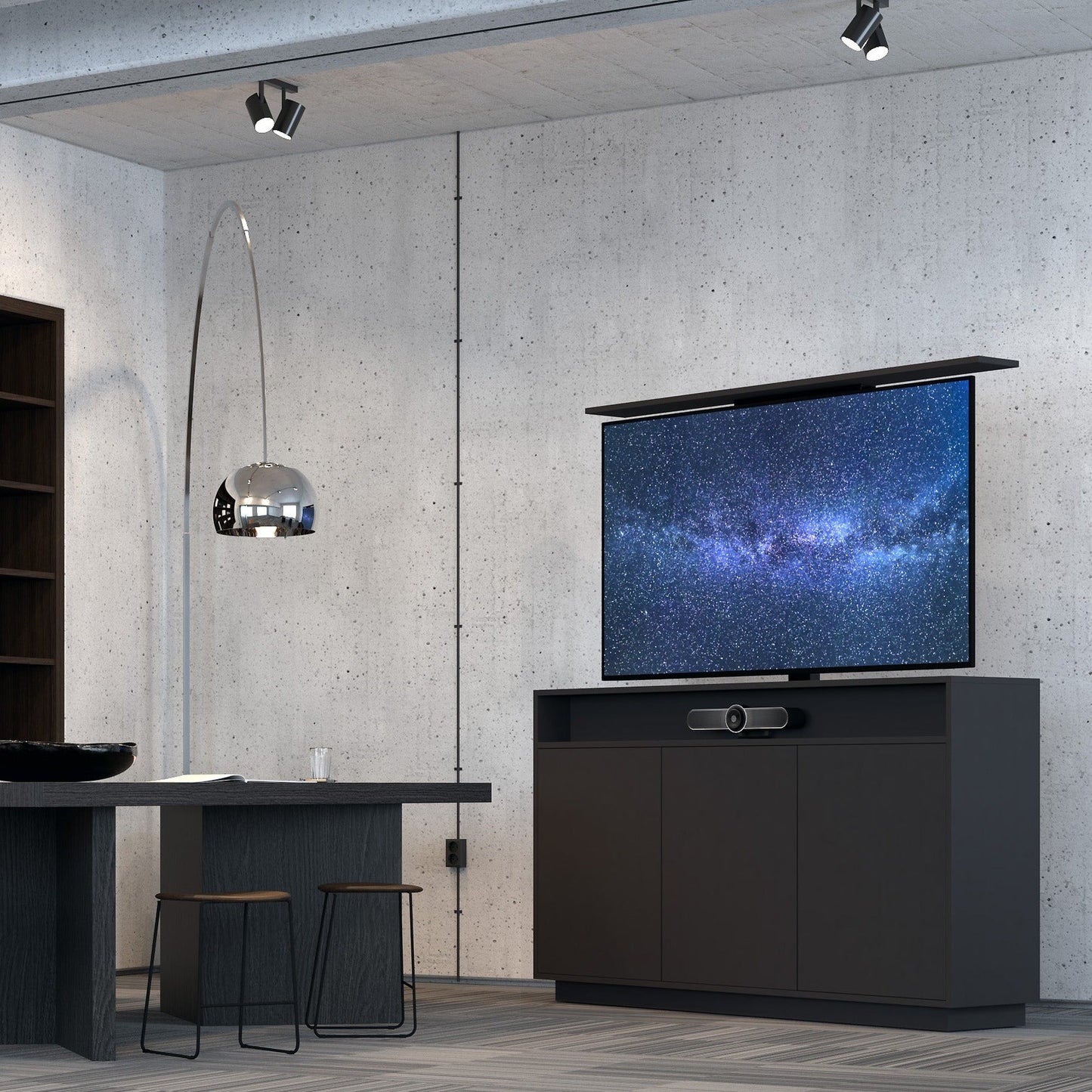 Multibrackets 4714 AV-Cabinet TV-Lift 65 Zoll Schwarz Lifestyle, Loft mit Betonwand, Videobar im Fach