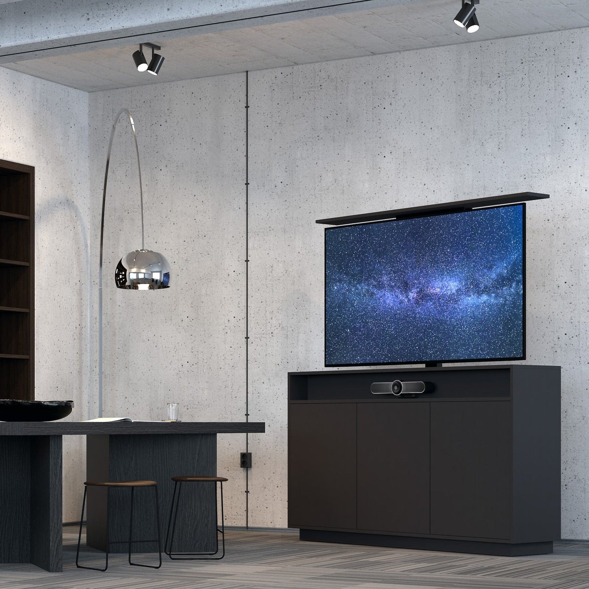 Multibrackets 4714 AV-Cabinet TV-Lift 65 Zoll Schwarz Lifestyle, Loft mit Betonwand, Videobar im Fach