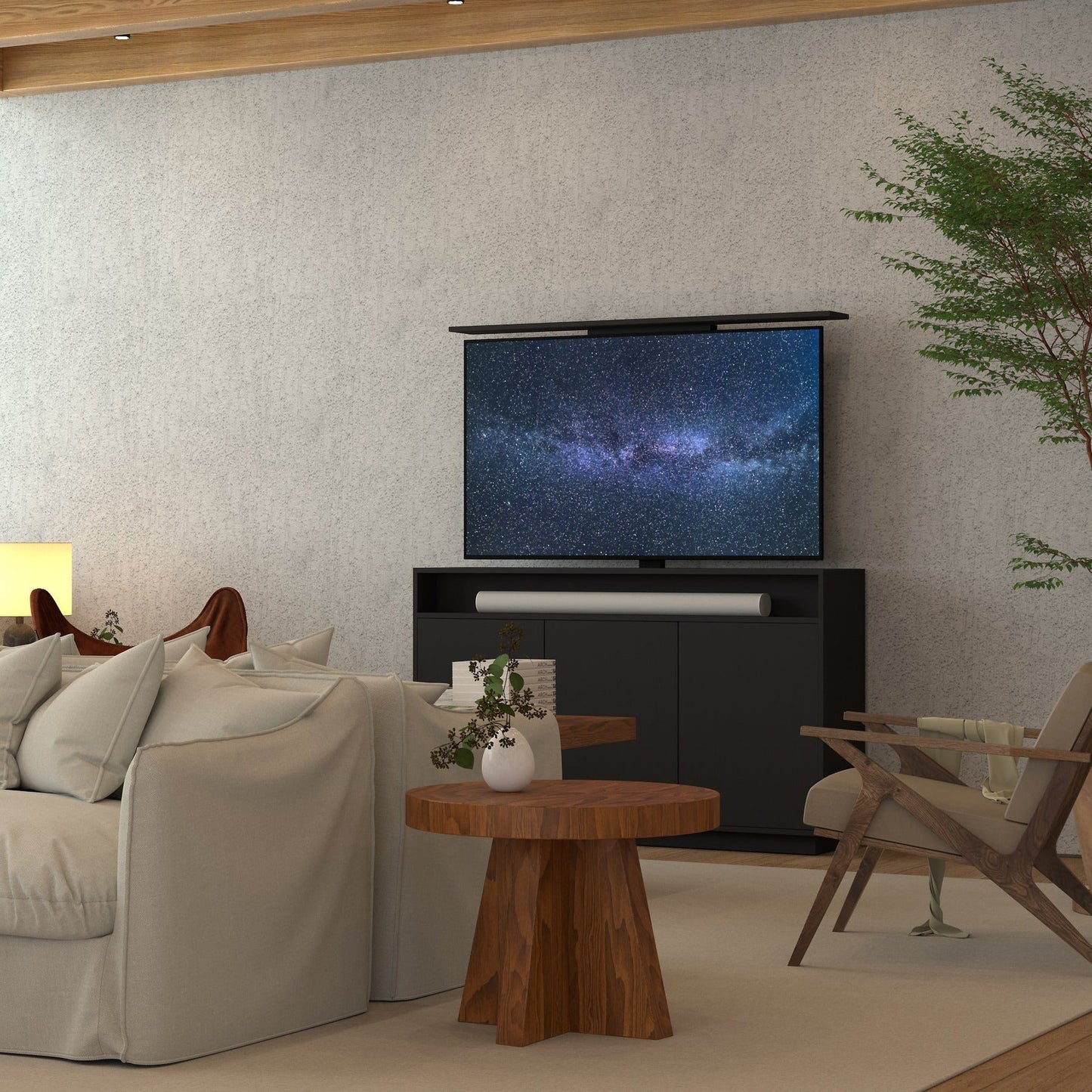Multibrackets 4714 AV-Cabinet TV-Lift 65 Zoll Schwarz Lifestyle, Wohnzimmer, Blick über die Sofalehne