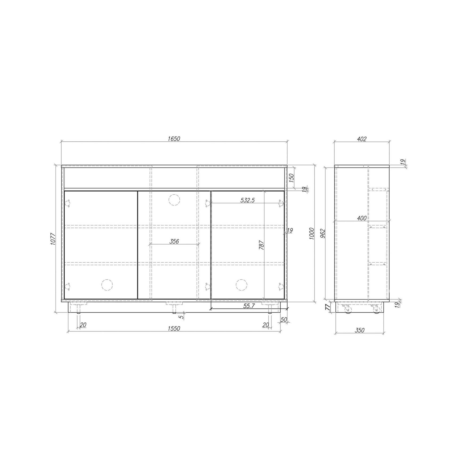 Multibrackets AV-Cabinet TV-Lift 65 Zoll Schwarz, Masszeichnung mit Abmessungen