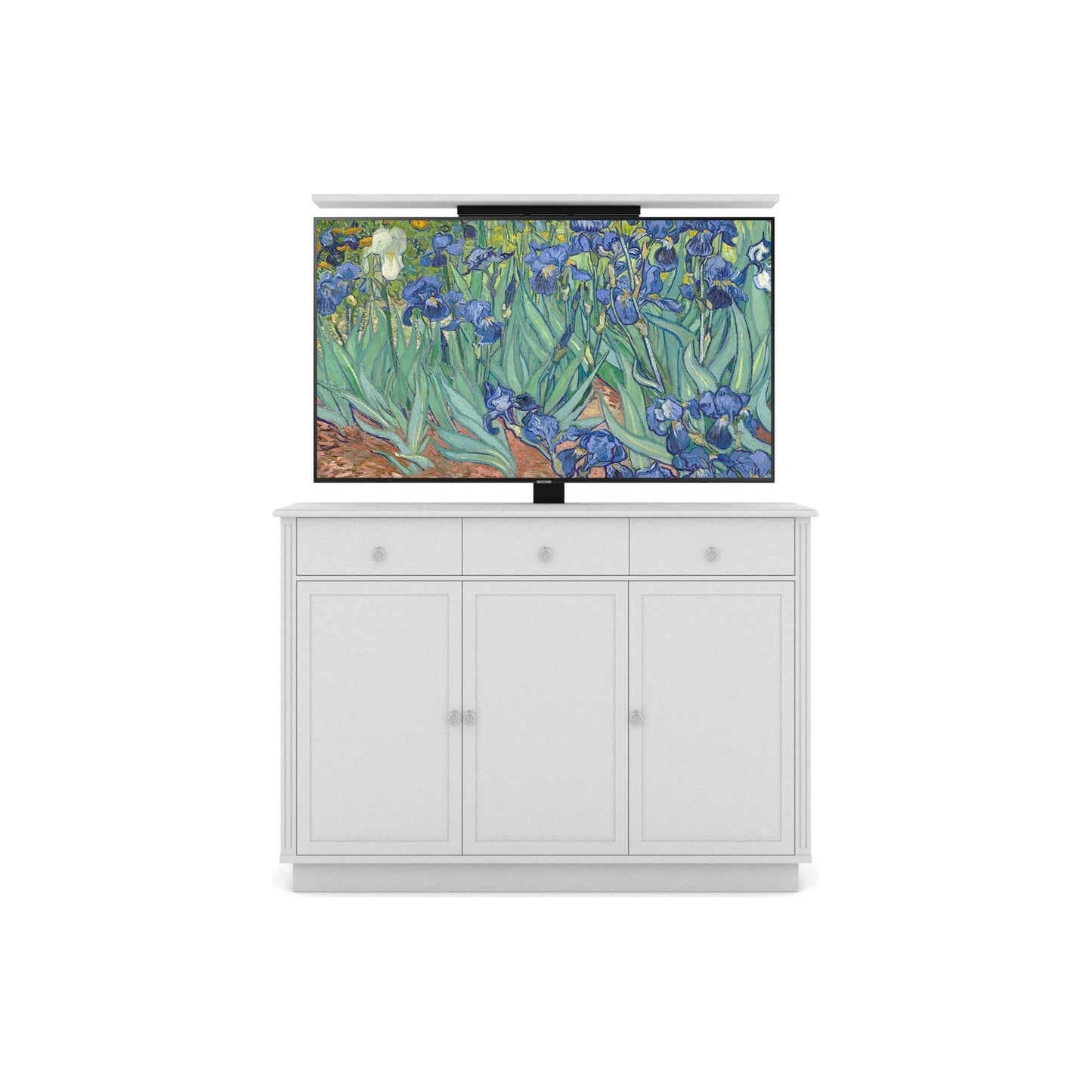 Multibrackets 5889 AV-Cabinet TV-Lift 55 Zoll Classic Weiss Frontansicht, Fernseher ausgefahren, streng frontal