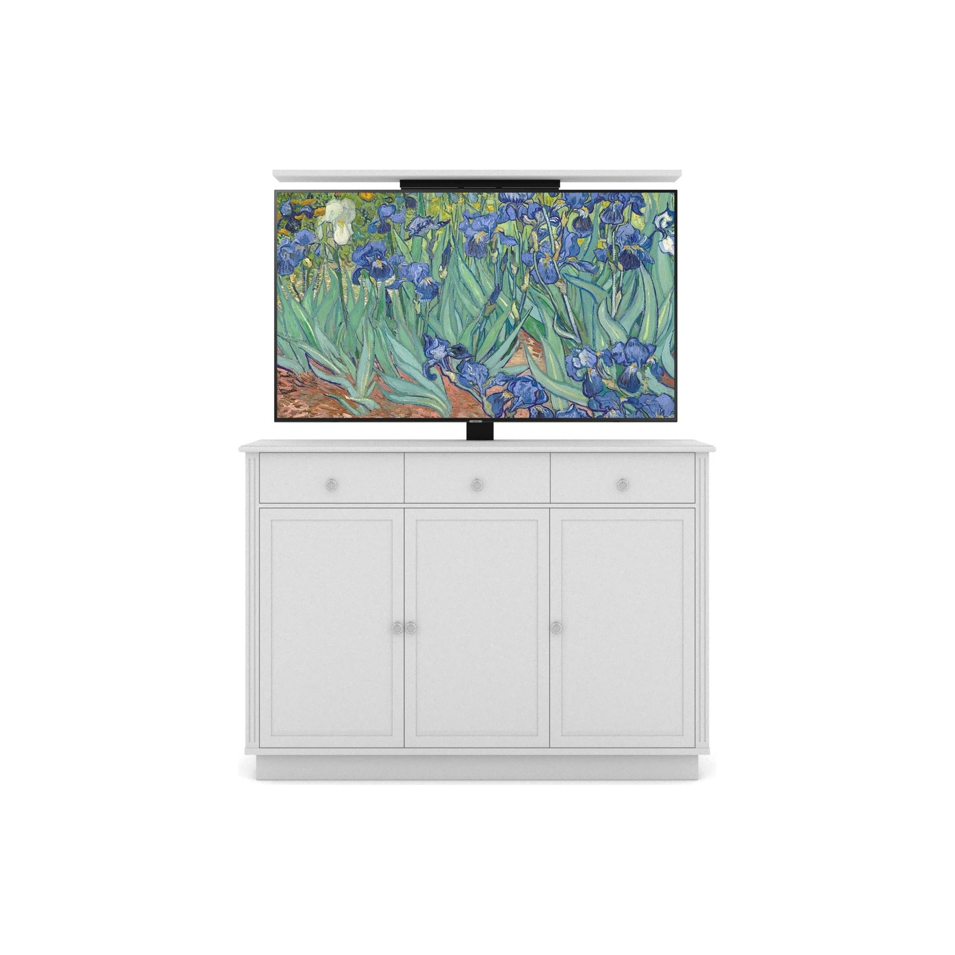 Multibrackets 5889 AV-Cabinet TV-Lift 55 Zoll Classic Weiss Frontansicht, Fernseher ausgefahren, streng frontal
