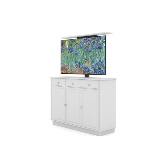 Multibrackets 5889 AV-Cabinet TV-Lift 55 Zoll Classic Weiss Frontansicht, Fernseher ausgefahren, leicht schräg