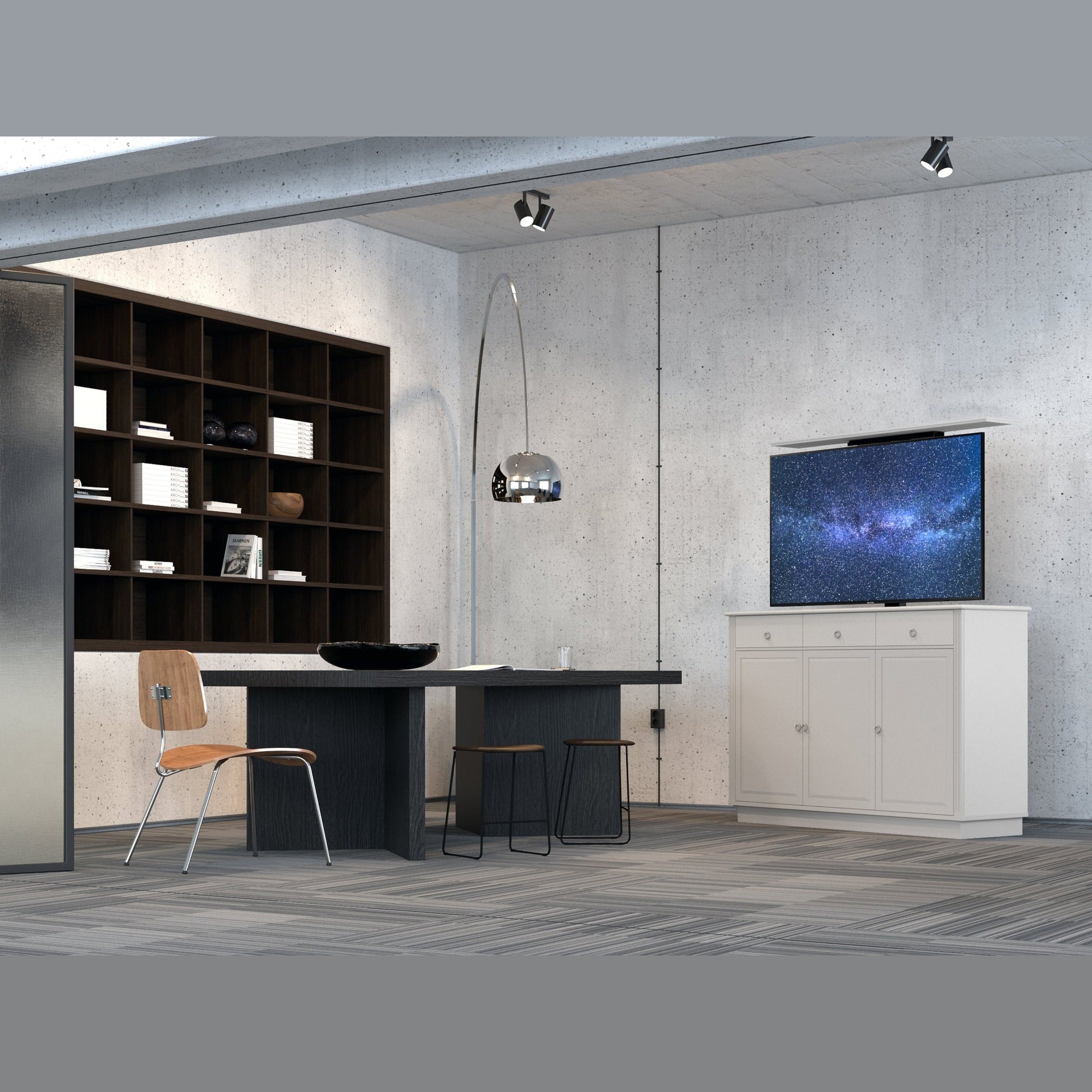Multibrackets 5889 AV-Cabinet TV-Lift 55 Zoll Classic Weiss Lifestyle, Arbeitszimmer mit Bibliothek