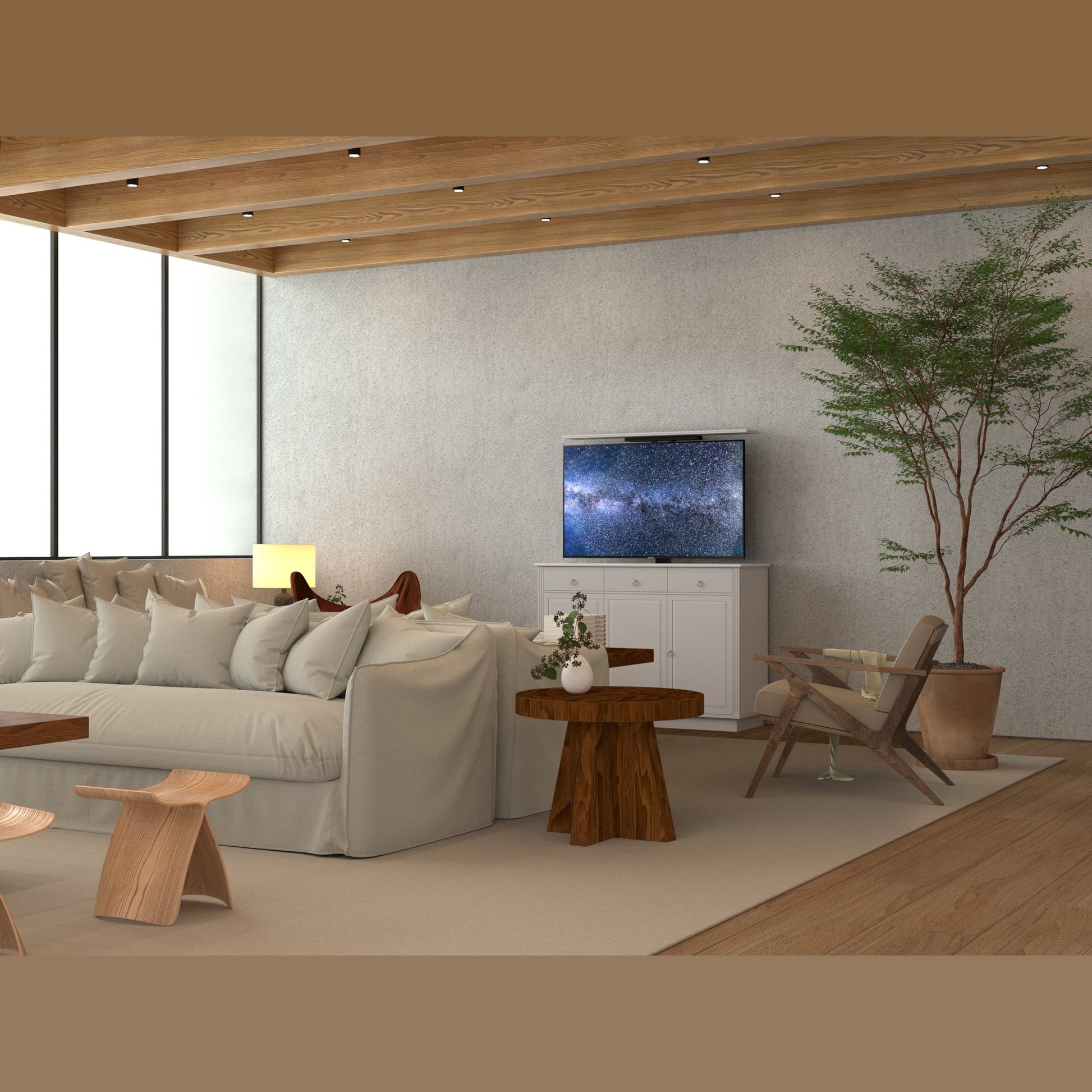Multibrackets 5889 AV-Cabinet TV-Lift 55 Zoll Classic Weiss Lifestyle, Wohnzimmer mit Sofa