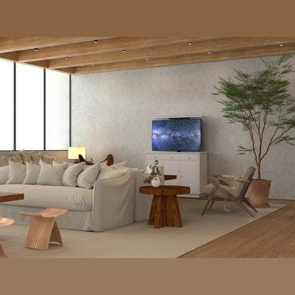 Multibrackets 5889 AV-Cabinet TV-Lift 55 Zoll Classic Weiss Lifestyle, Wohnzimmer mit Sofa