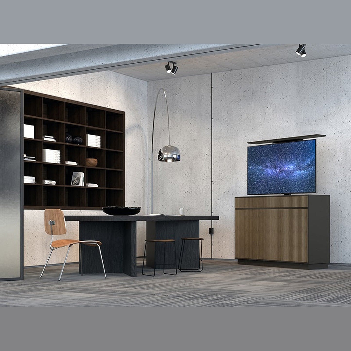 Multibrackets 5896 AV-Cabinet TV-Lift 55 Zoll Walnuss Lifestyle, Arbeitszimmer mit Bücherwand