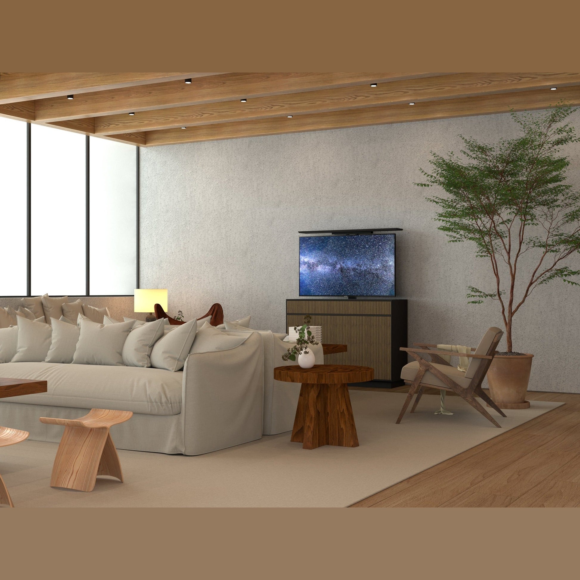 Multibrackets 5896 AV-Cabinet TV-Lift 55 Zoll Walnuss Lifestyle, Wohnzimmer mit Sofa, Fernseher ausgefahren