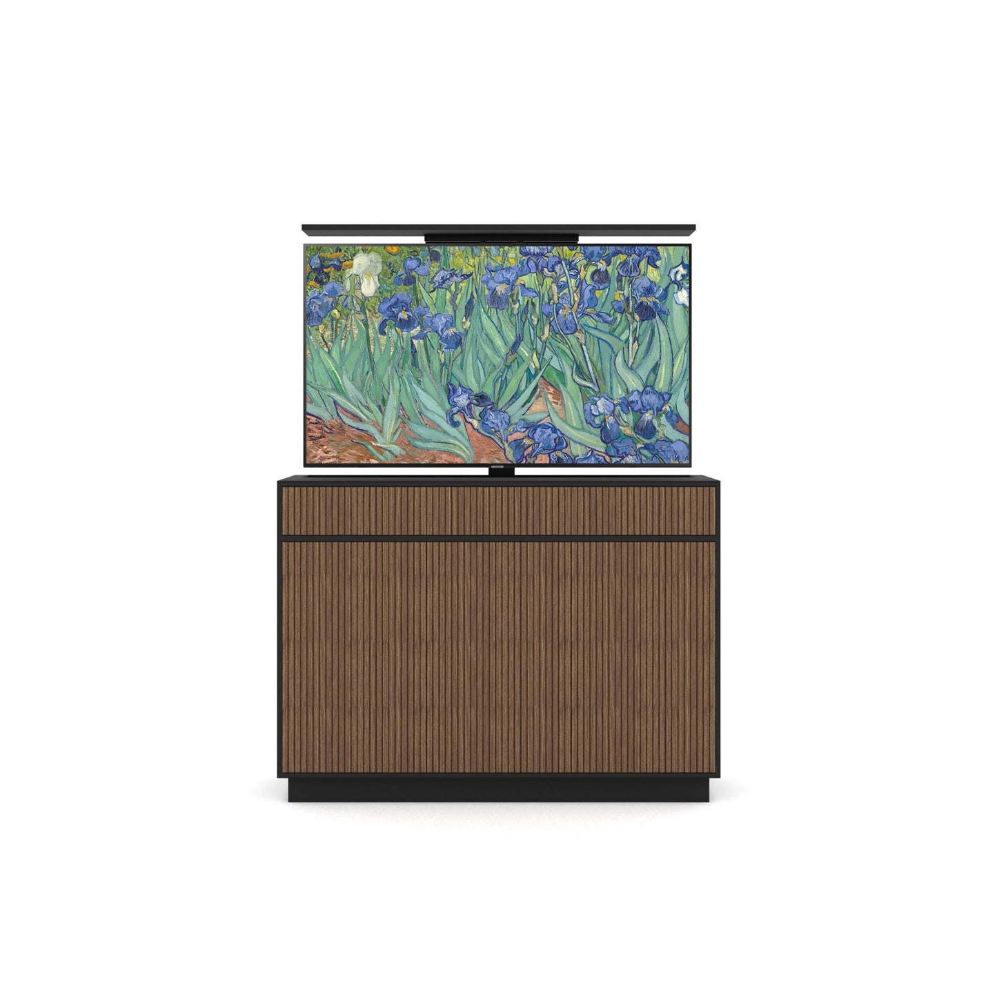 Multibrackets 7487 AV-Cabinet TV-Lift 65 Zoll Walnuss Frontansicht, Fernseher ausgefahren, streng frontal