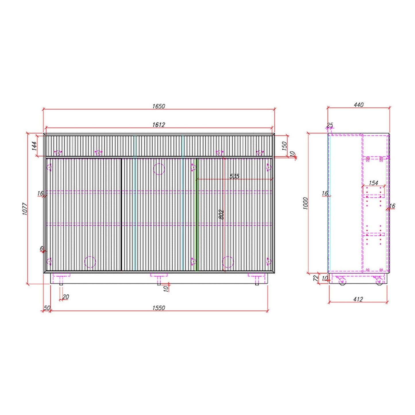 Multibrackets AV-Cabinet TV-Lift 65 Zoll Walnuss, Masszeichnung mit Abmessungen