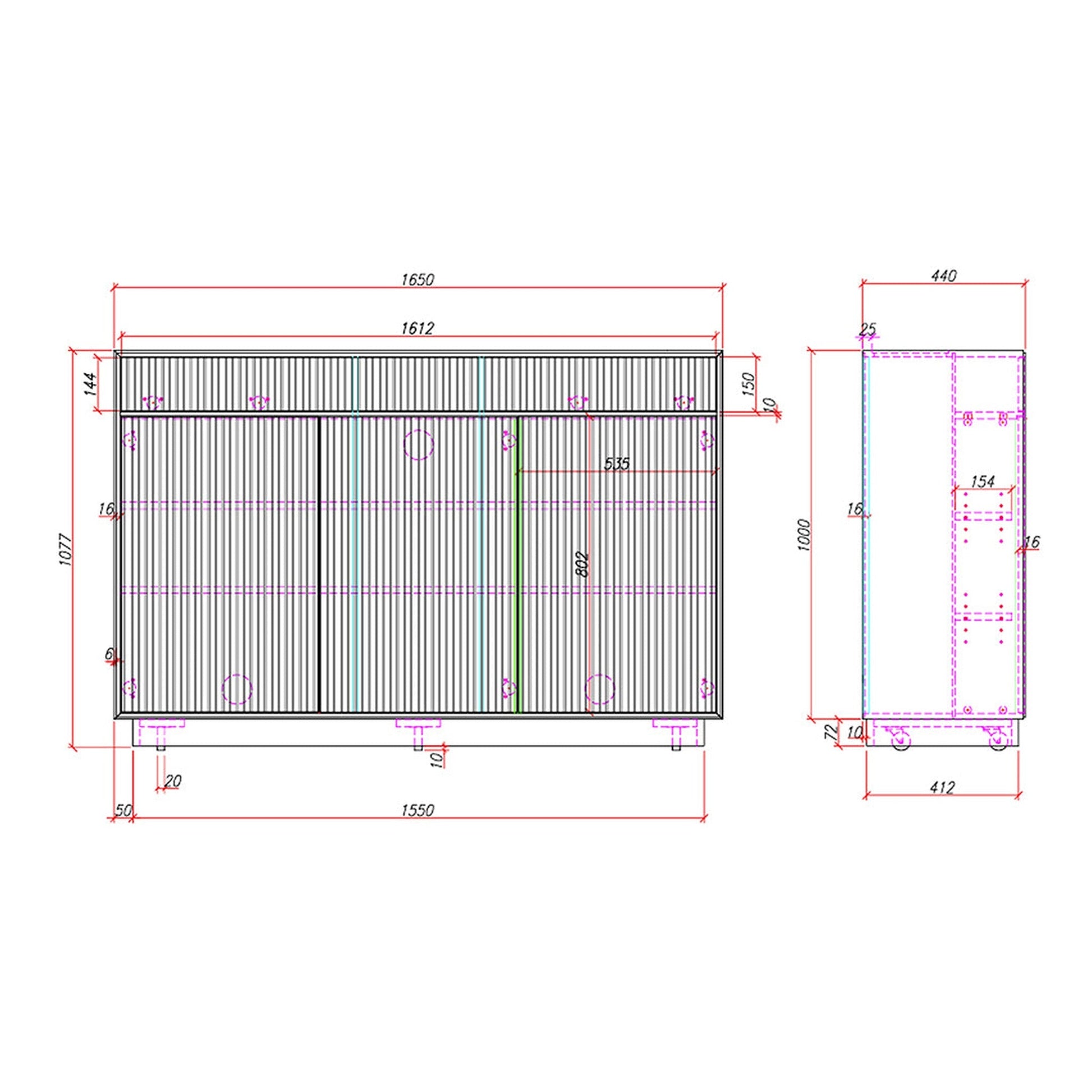 Multibrackets AV-Cabinet TV-Lift 65 Zoll Walnuss, Masszeichnung mit Abmessungen