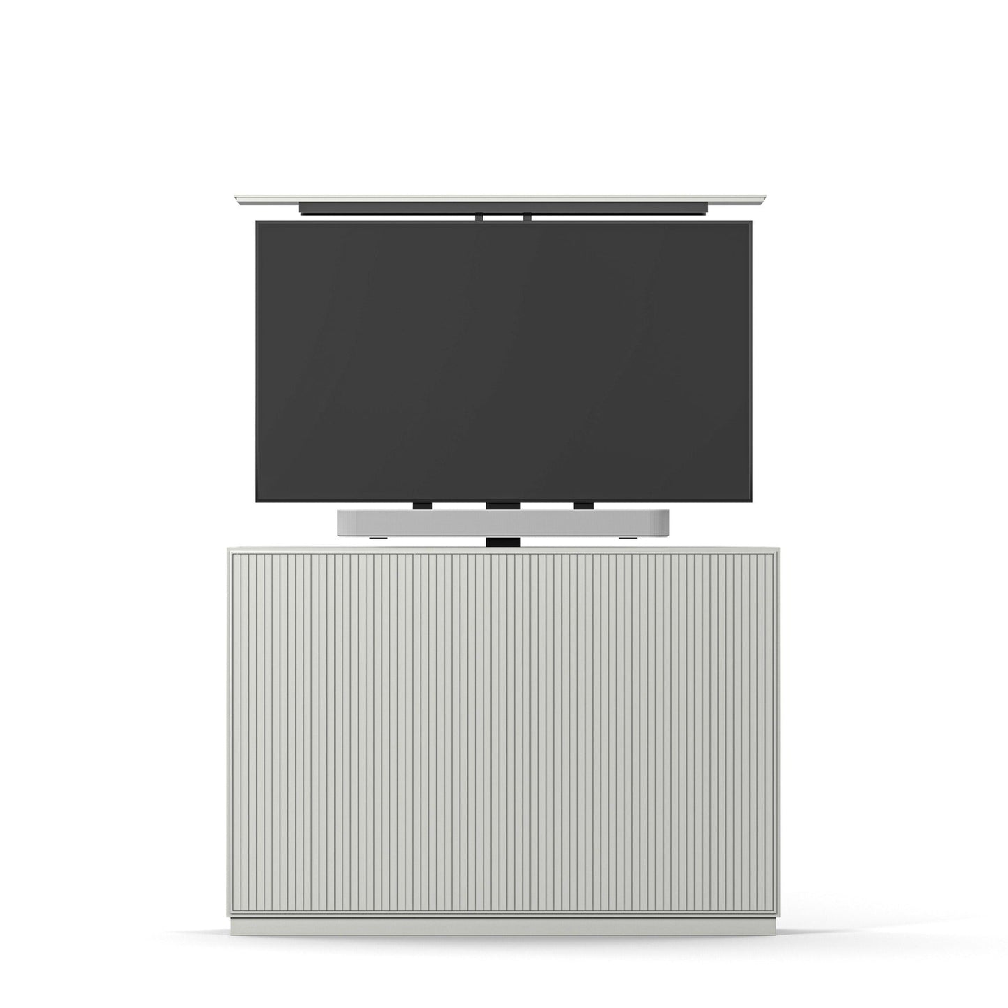Multibrackets 8026 AV-Cabinet TV-Lift 55 Zoll Slimline Weiss Frontansicht, Soundbar-Halterung unter dem Fernseher