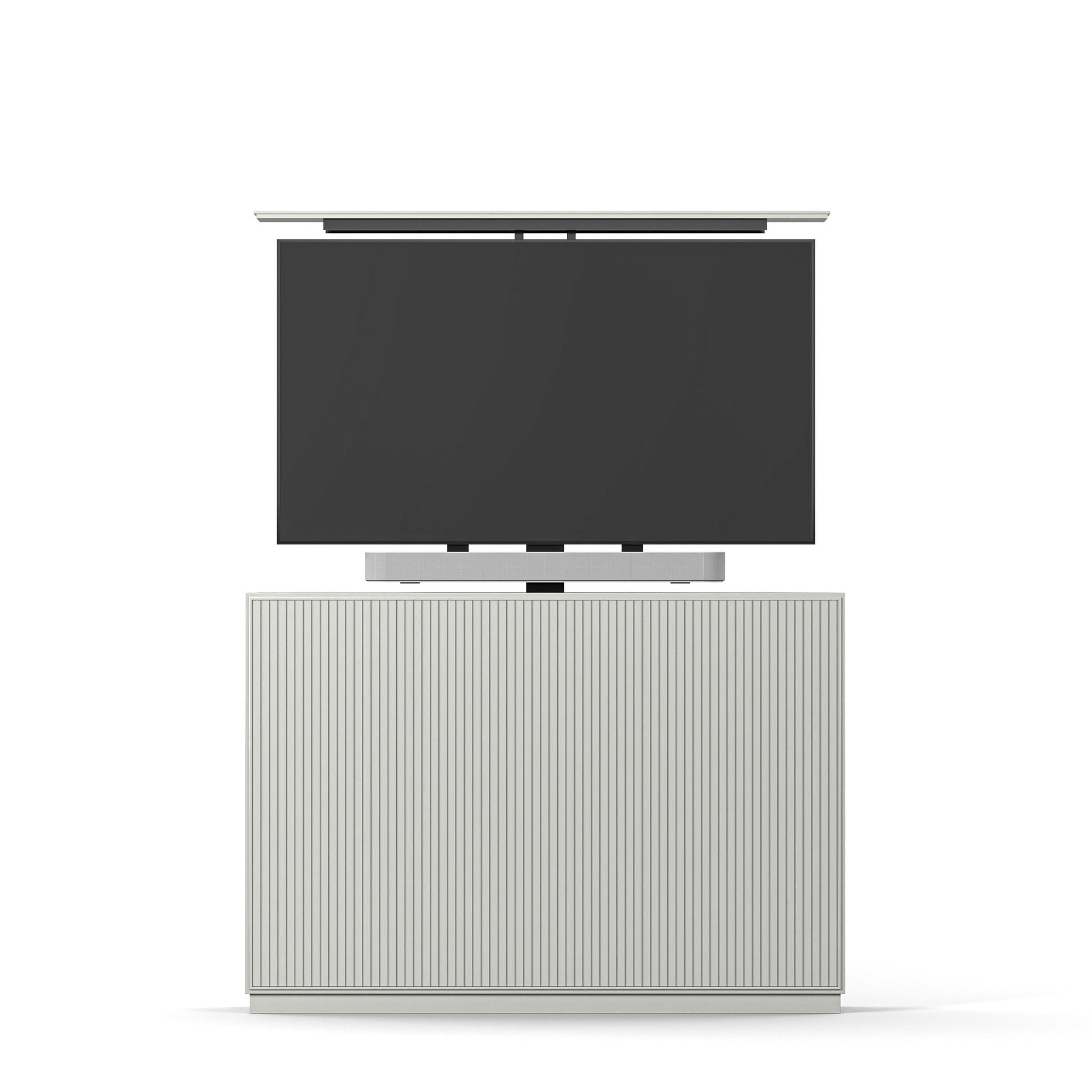Multibrackets 8026 AV-Cabinet TV-Lift 55 Zoll Slimline Weiss Frontansicht, Soundbar-Halterung unter dem Fernseher