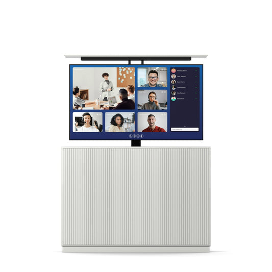 Multibrackets 8026 AV-Cabinet TV-Lift 55 Zoll Slimline Weiss Frontansicht, Fernseher ausgefahren, Videokonferenz