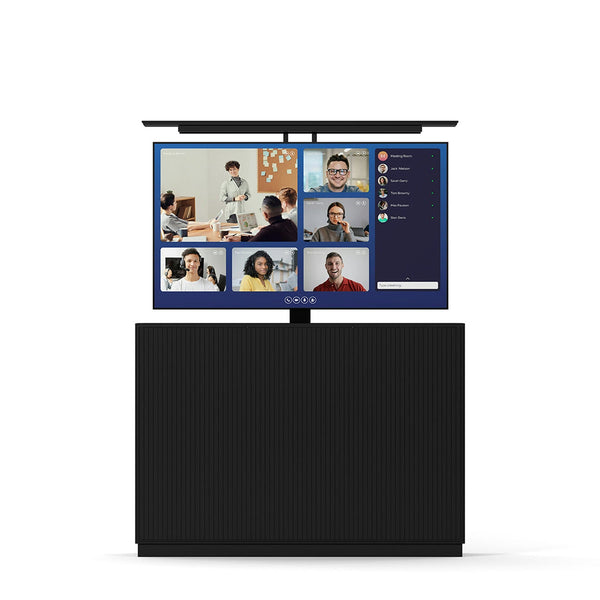 Multibrackets 8033 AV-Cabinet TV-Lift 55 Zoll Slimline Schwarz Frontansicht, Fernseher ausgefahren, Videokonferenz
