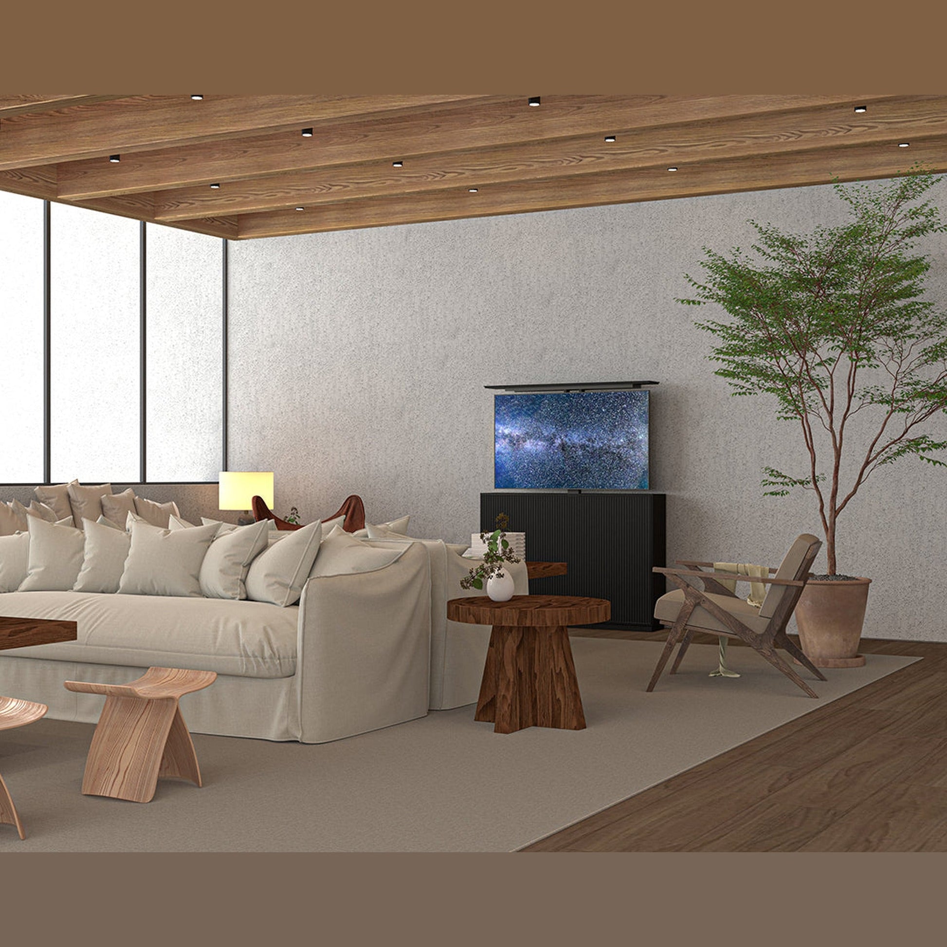 Multibrackets 8033 AV-Cabinet TV-Lift 55 Zoll Slimline Schwarz Lifestyle, Wohnzimmer mit Sofa