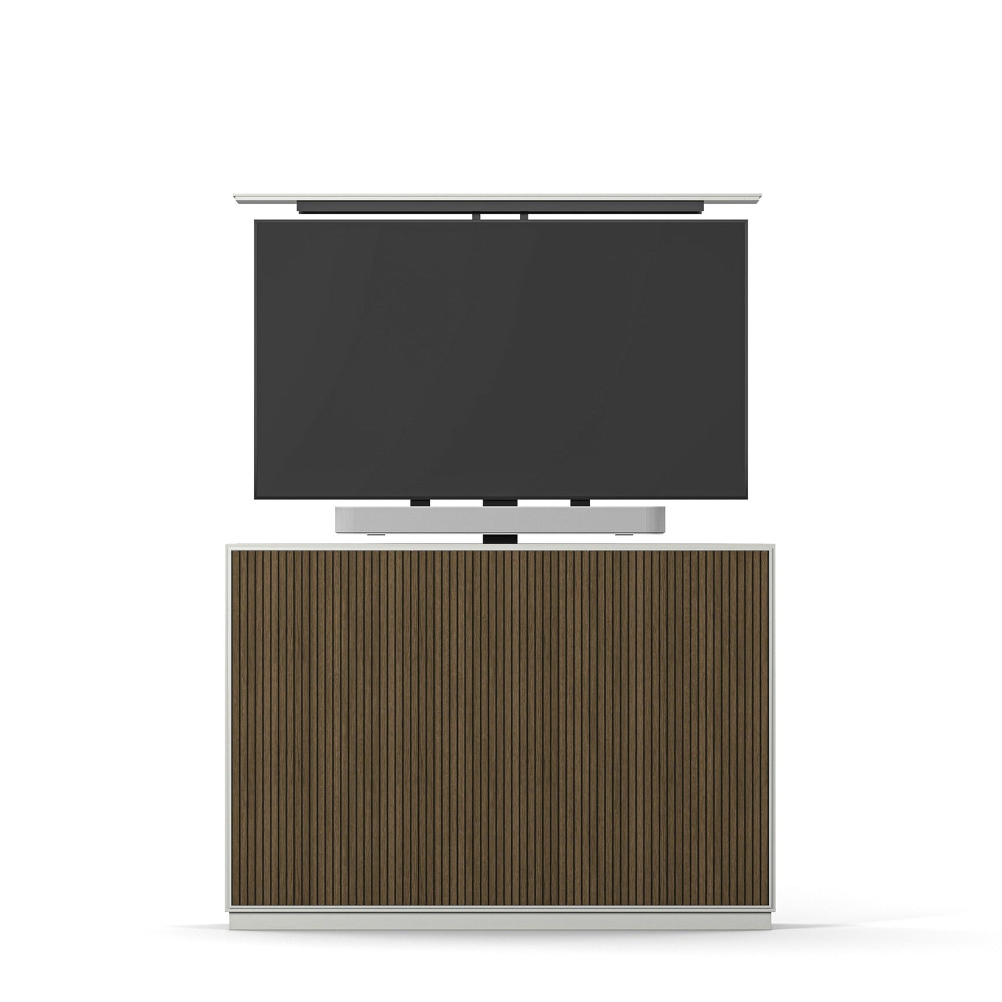 Multibrackets 8040 AV-Cabinet TV-Lift 55 Zoll Slimline White Walnut Frontansicht, Soundbar-Halterung unter dem TV