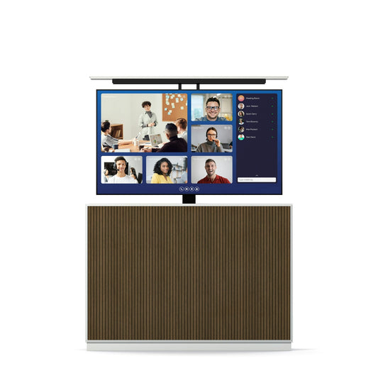 Multibrackets 8040 AV-Cabinet TV-Lift 55 Zoll Slimline White Walnut Frontansicht, Fernseher ausgefahren