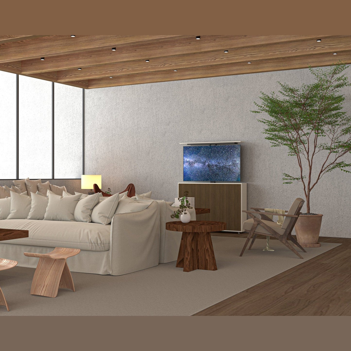 Multibrackets 8040 AV-Cabinet TV-Lift 55 Zoll Slimline White Walnut Lifestyle, Wohnzimmer, Fernseher ausgefahren