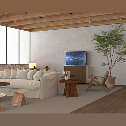 Multibrackets 8040 AV-Cabinet TV-Lift 55 Zoll Slimline White Walnut Lifestyle, Wohnzimmer, Fernseher ausgefahren