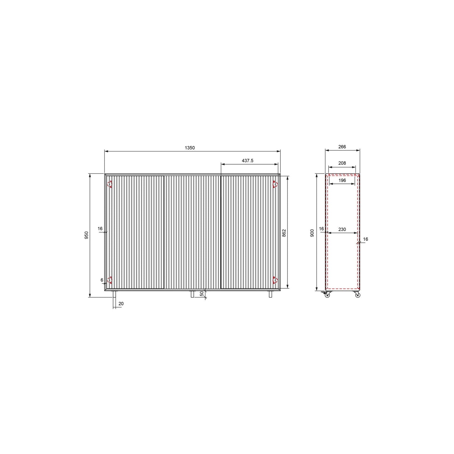 Multibrackets AV-Cabinet TV-Lift 55 Zoll Slimline White Walnut, Masszeichnung mit Abmessungen