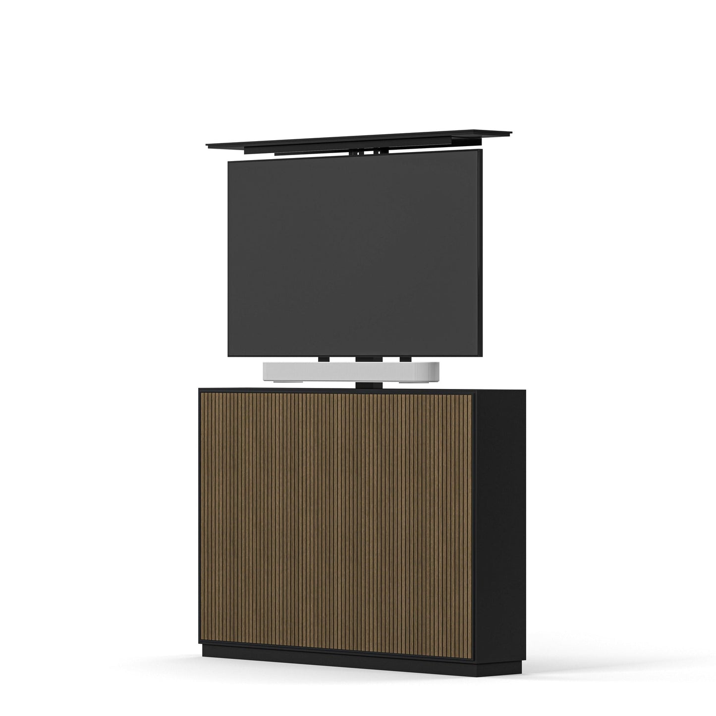 Multibrackets 8057 AV-Cabinet TV-Lift 55 Zoll Slimline Black Walnut Frontansicht, Soundbar-Halterung unter dem TV
