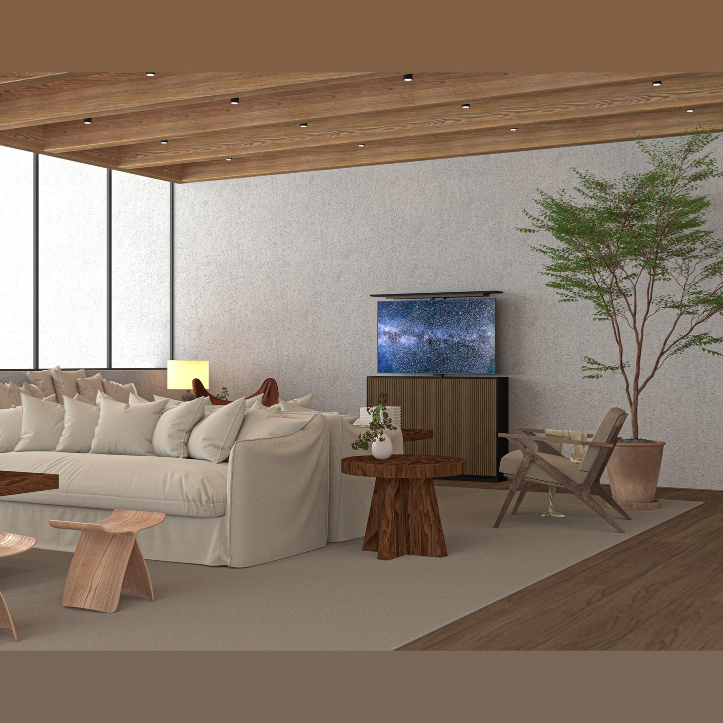 Multibrackets 8057 AV-Cabinet TV-Lift 55 Zoll Slimline Black Walnut Lifestyle, Wohnzimmer, Fernseher ausgefahren