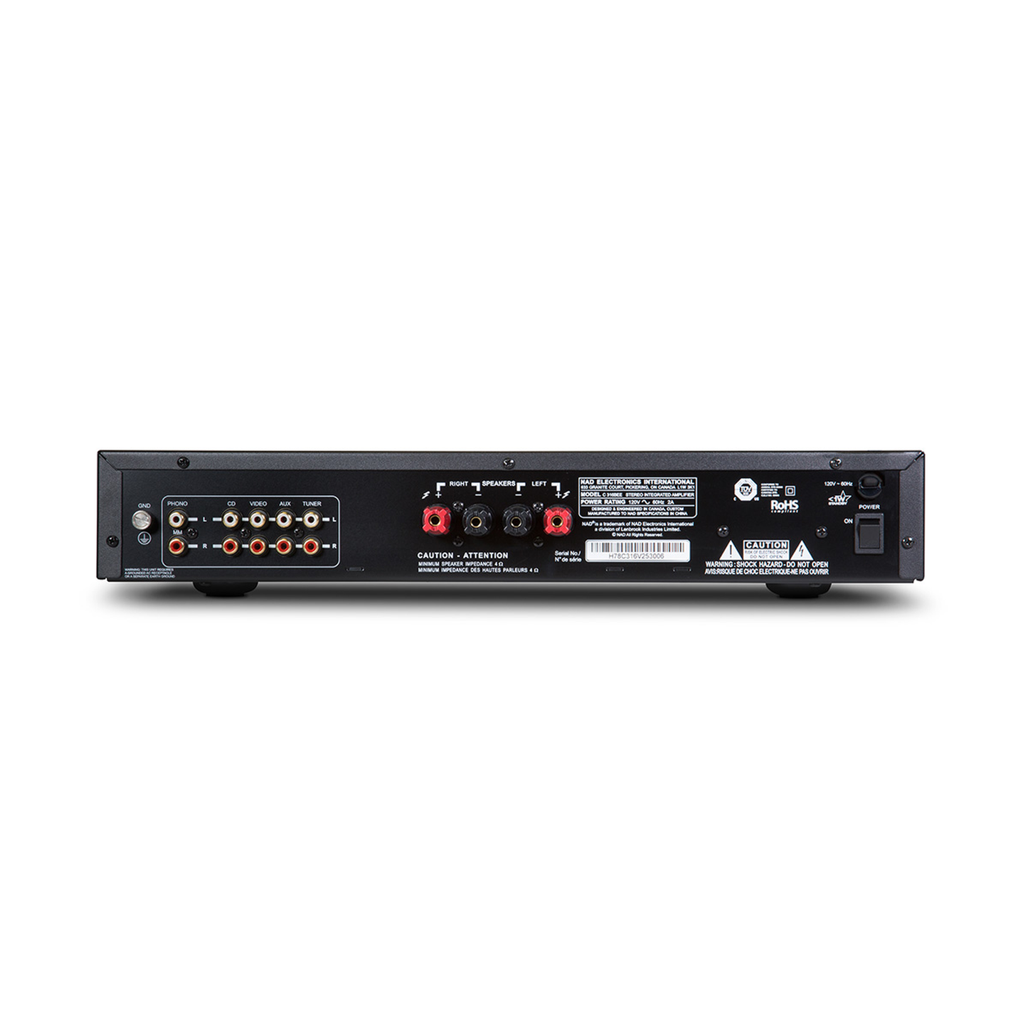 NAD C 316BEE V2 Vollverstärker mit Phono Rückansicht mit Lautsprecherklemmen, Cinch-Eingängen und Netzschalter