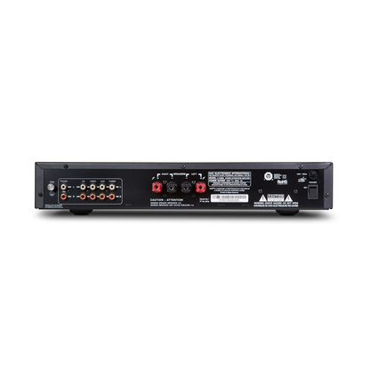 NAD C 316BEE V2 Vollverstärker mit Phono Rückansicht mit Lautsprecherklemmen, Cinch-Eingängen und Netzschalter