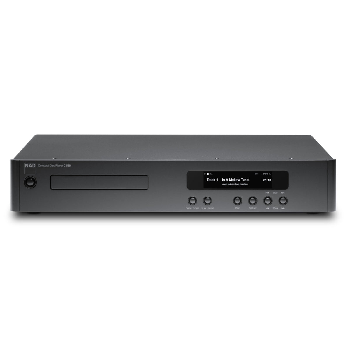NAD C 569 CD-Player Frontansicht mit Laufwerksschublade und Farbdisplay