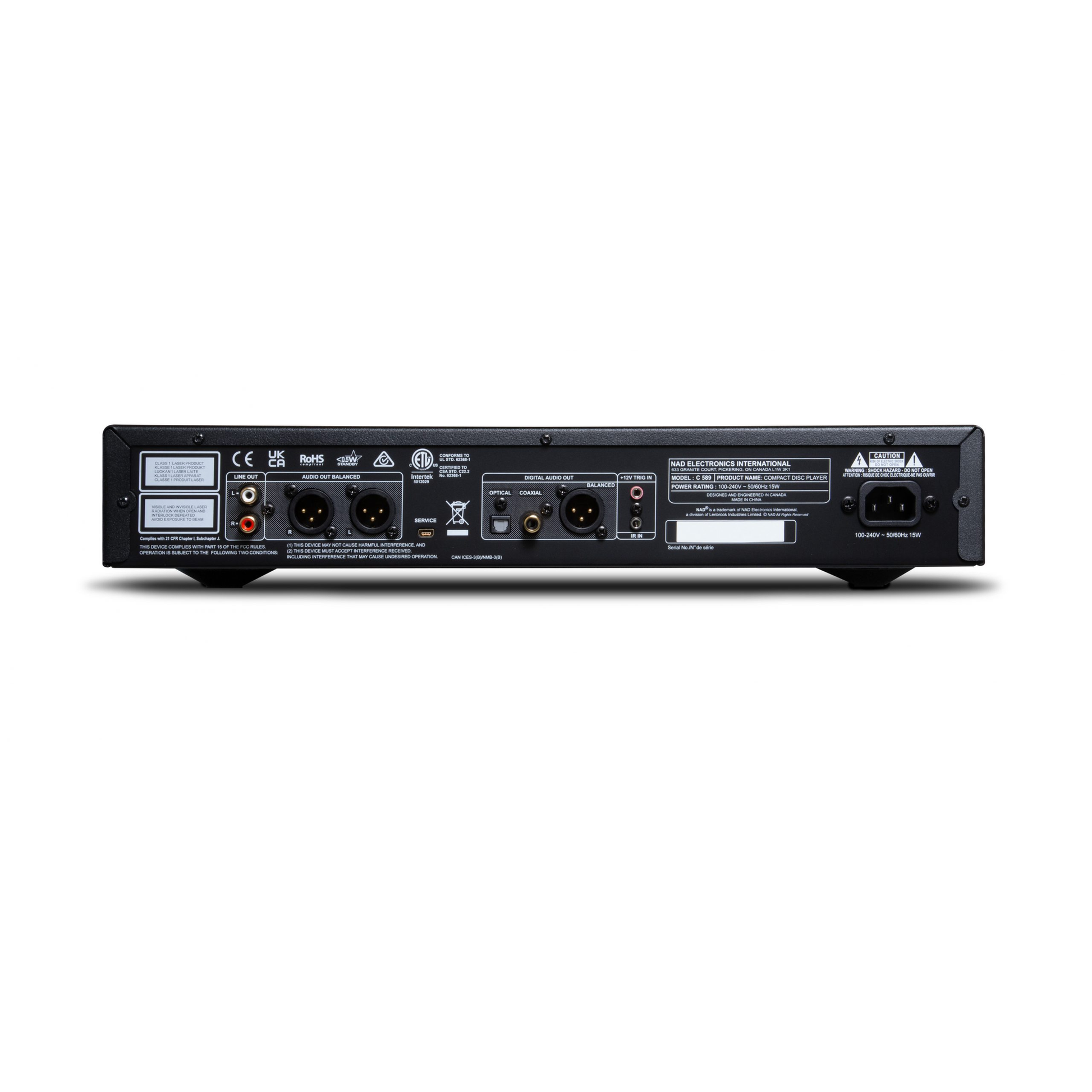 NAD C 589 CD-Player Anschlussfeld mit XLR Cinch koaxialem und optischem Digitalausgang