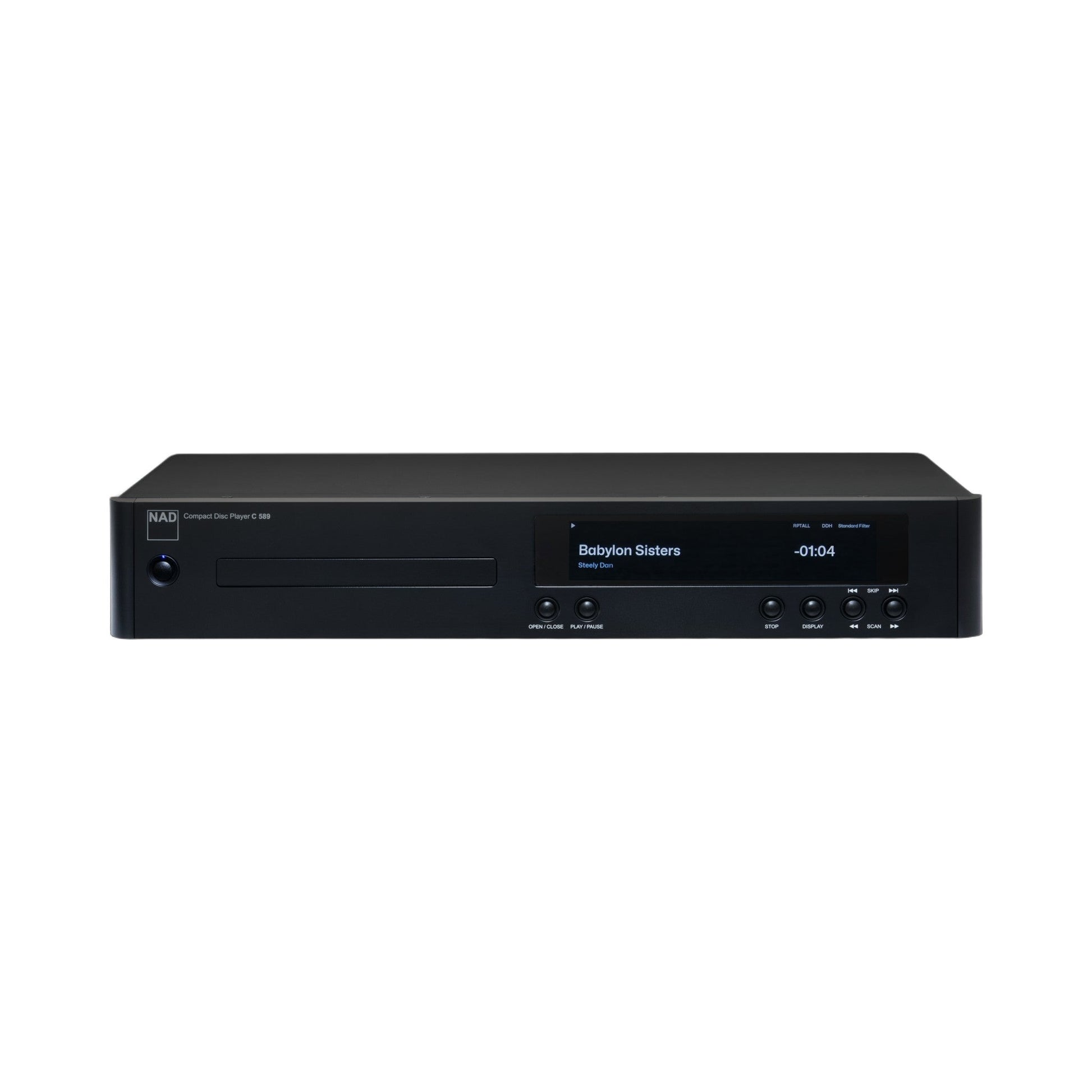 NAD C 589 CD-Player Frontansicht mit Laufwerksschublade und Display