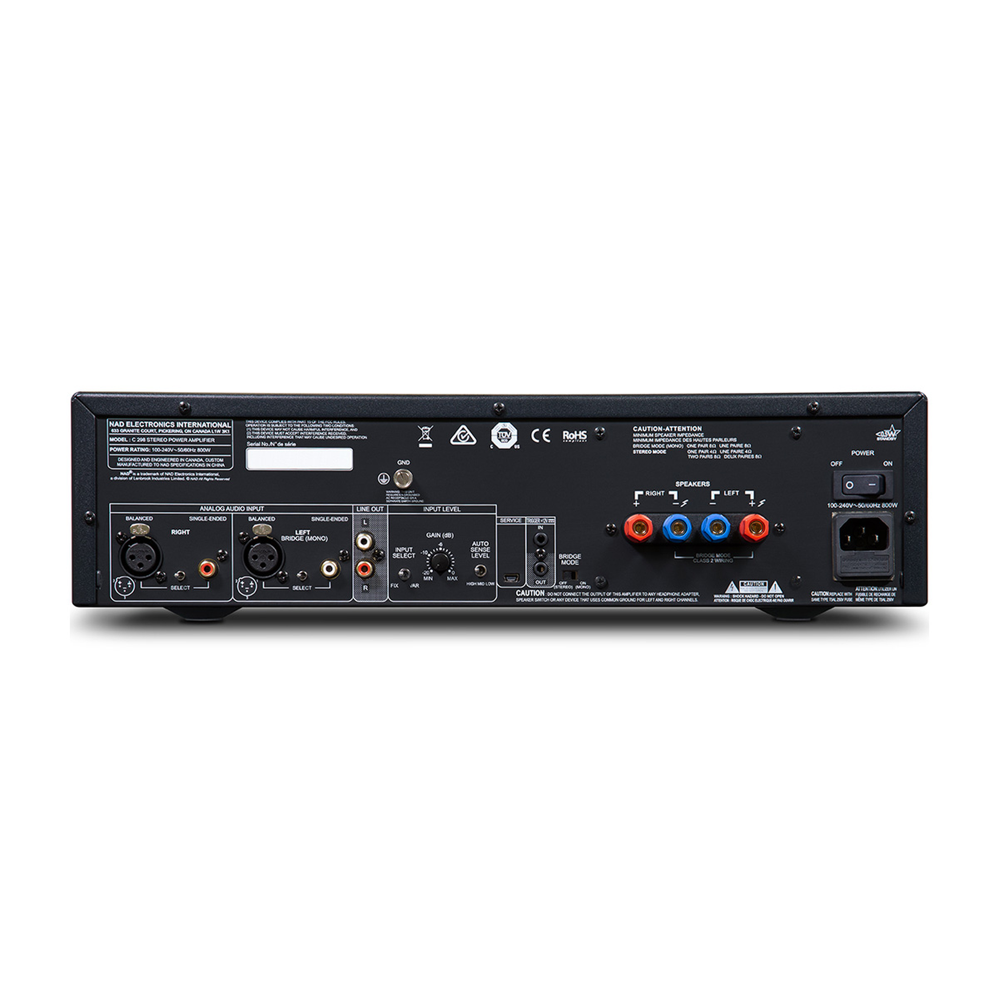 NAD C298 Stereo-Endstufe Anschlussfeld mit XLR Cinch Lautsprecherklemmen und Bridge-Mode-Wahl