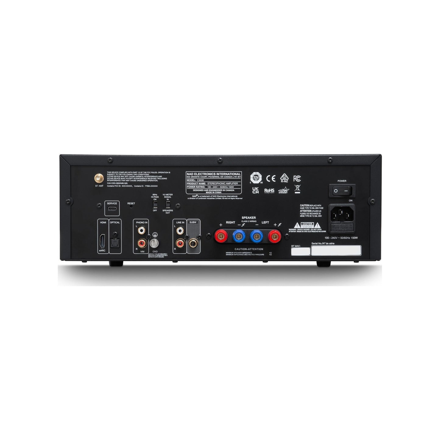 NAD C3030 Stereo-Vollverstärker mit Phono Rückansicht mit HDMI eARC und Phono-Eingang