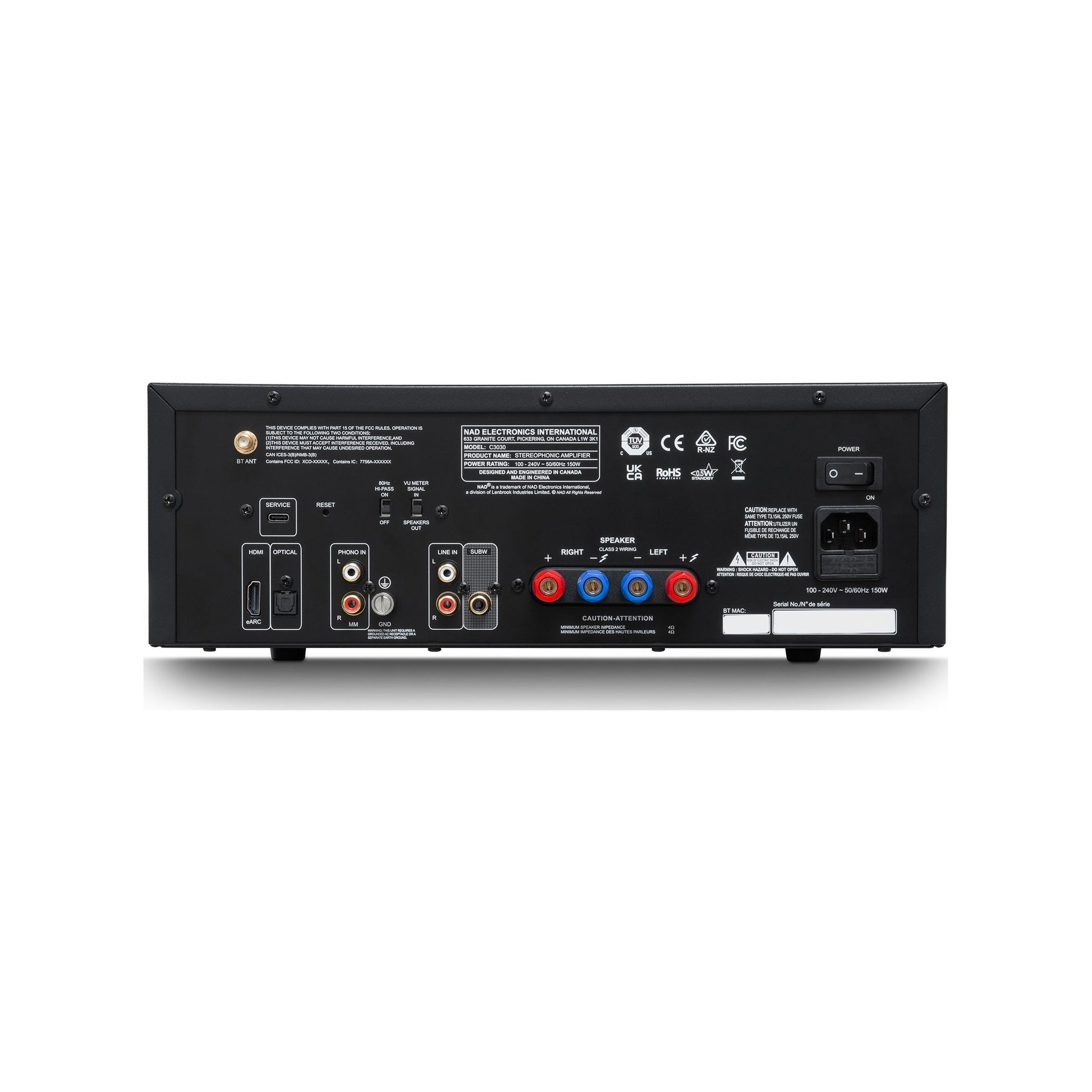 NAD C3030 Stereo-Vollverstärker mit Phono Rückansicht mit HDMI eARC und Phono-Eingang