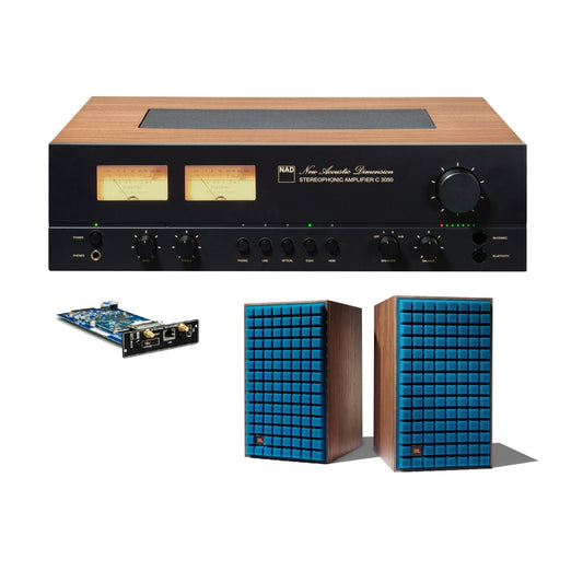 NAD C3050 + JBL L82 MKII HiFi-Set, Blue Frontansicht Vollverstärker mit MDC2-Modul und Lautsprecherpaar