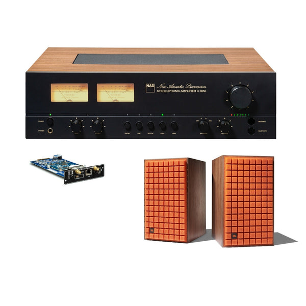 NAD C3050 + JBL L82 MKII HiFi-Set Orange Frontansicht mit MDC2-Modul und Lautsprecherpaar